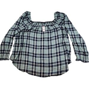 NWT Lane‎ Bryant Milkmaid Top Classic Plus Size 28 Plaid Long Sleeve Teal Black